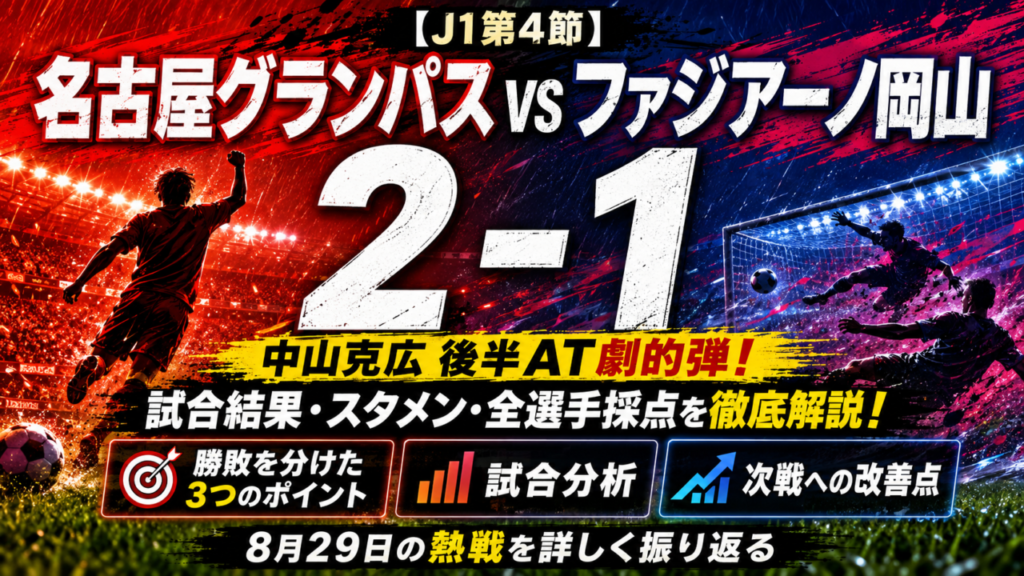 【J1第4節】名古屋グランパスvsファジアーノ岡山2-1|中山克広が後半AT劇的弾!試合結果・スタメン・全選手採点と勝敗を分けた3つのポイント 【J1第4節】名古屋グランパスvsファジアーノ岡山2-1|中山克広が後半AT劇的弾!試合結果・スタメン・全選手採点と勝敗を分けた3つのポイント