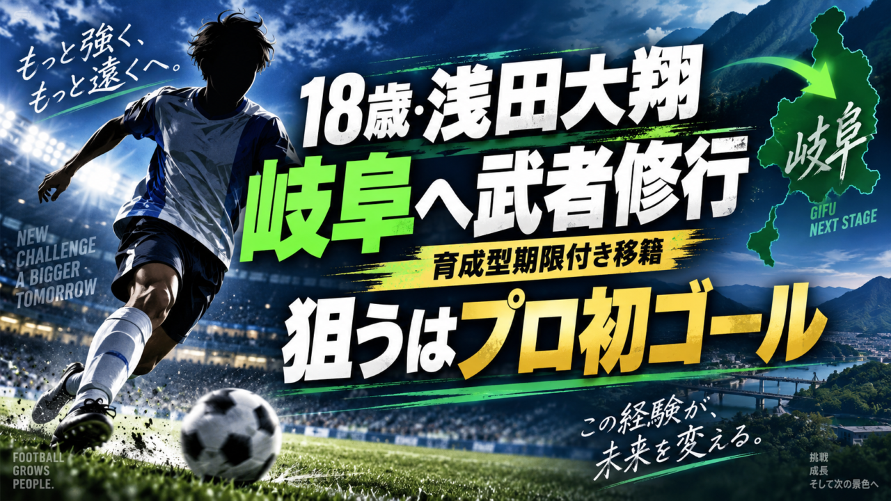 【移籍情報】18歳・浅田大翔が横浜FMからFC岐阜へ育成型期限付き移籍！背番号43でJ2昇格へ挑む