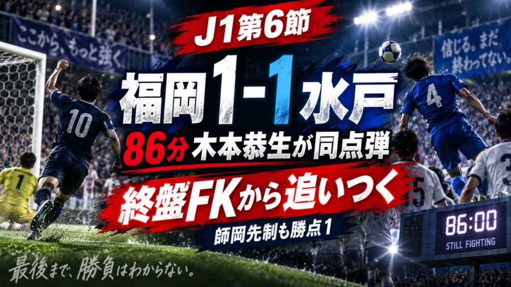 【J1第6節】アビスパ福岡 1-1 水戸ホーリーホック|終盤86分、木本恭生の同点弾で勝点1 【J1第6節】アビスパ福岡 1-1 水戸ホーリーホック|終盤86分、木本恭生の同点弾で勝点1