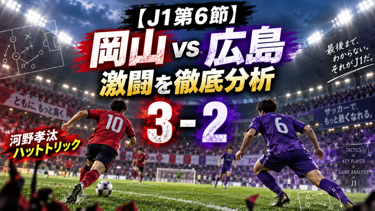 【J1第6節】ファジアーノ岡山3-2サンフレッチェ広島|河野孝汰が衝撃のハット!10人で逃げ切った中国ダービーを徹底分析 【J1第6節】ファジアーノ岡山3-2サンフレッチェ広島|河野孝汰が衝撃のハット!10人で逃げ切った中国ダービーを徹底分析