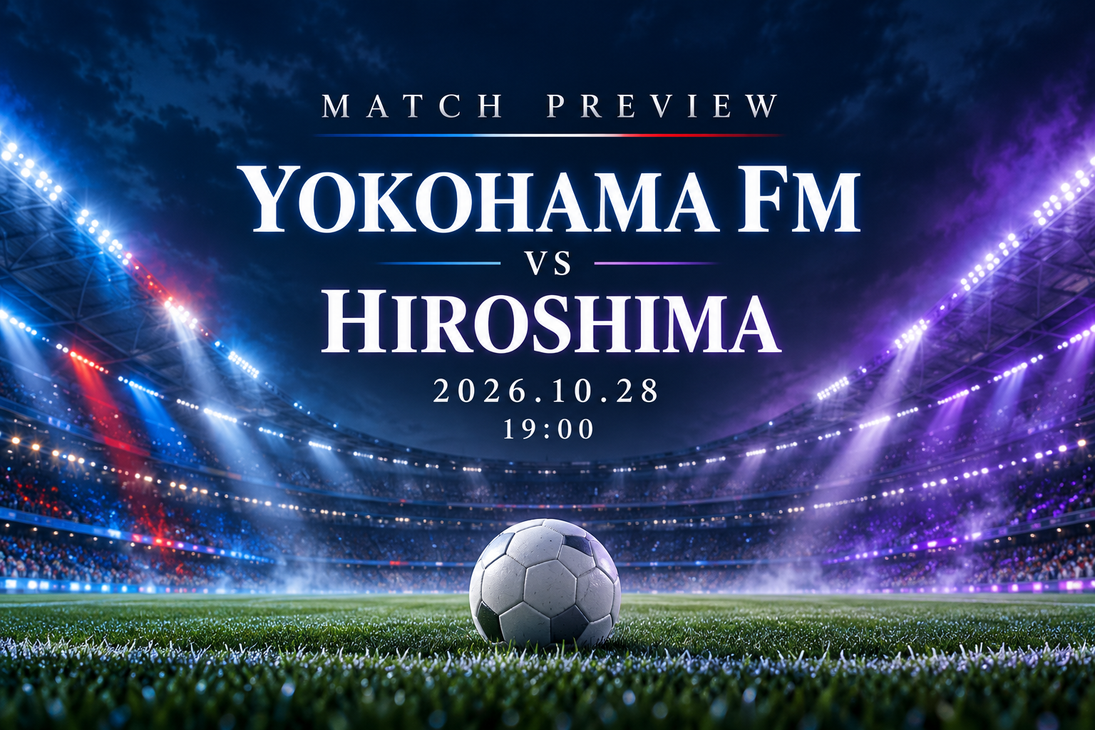 2026年10月28日19時の横浜FM対広島を告知するオリジナルの試合前イメージ。夜のサッカー場とボールを描いたもので、実際の試合写真ではありません。