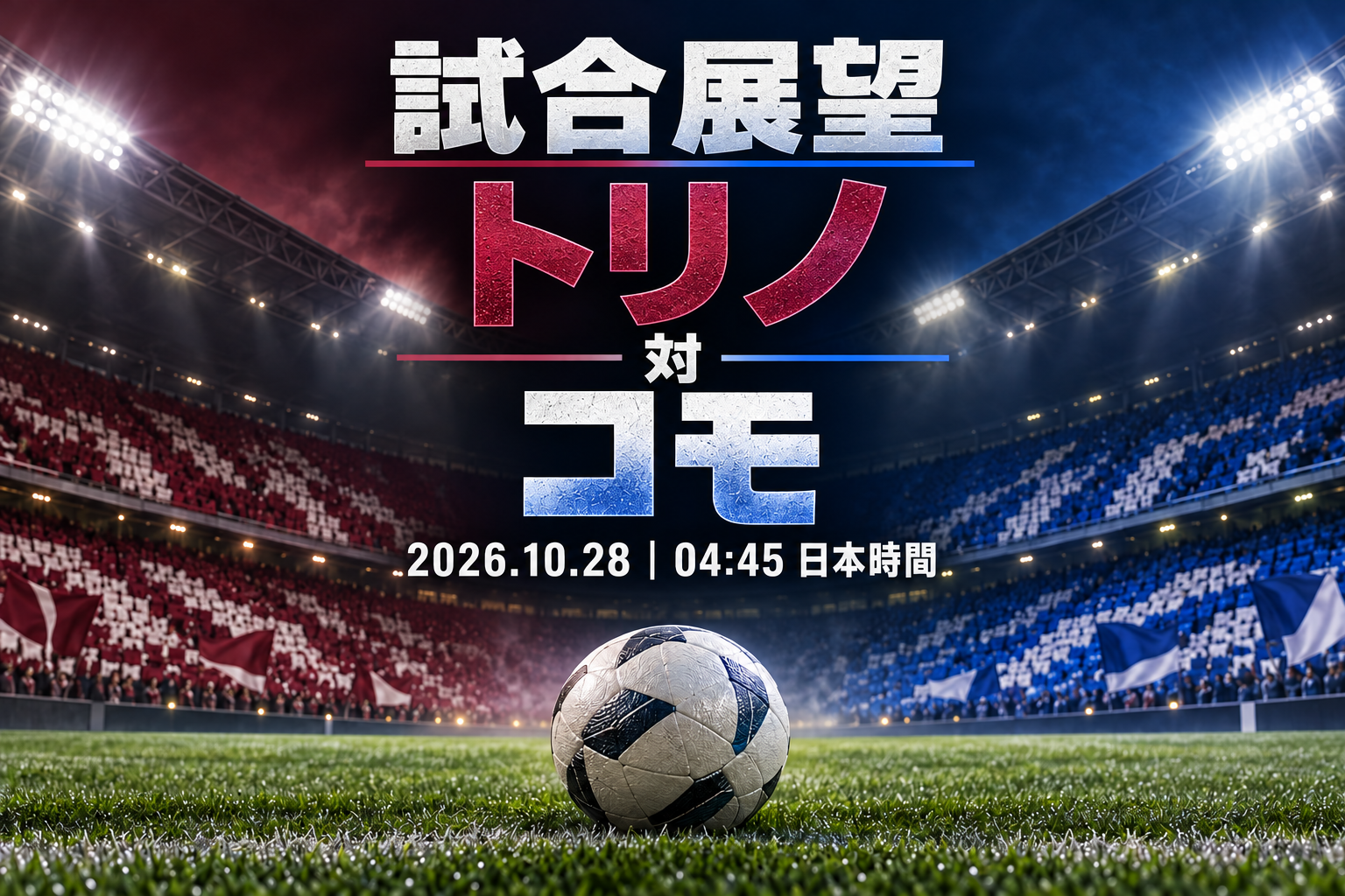2026年10月28日午前4時45分（日本時間）のトリノ対コモを「試合展望・トリノ対コモ」と日本語で告知するオリジナルイラスト。架空の夜のサッカー場とボールを描いたもので、実際の会場・試合の写真ではありません。