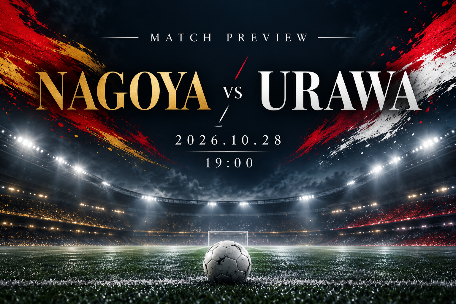 2026年10月28日19時の名古屋対浦和を告知する試合前記事用のオリジナルイメージ。夜のサッカー場とボールを描いたもので、実際の試合写真ではありません。