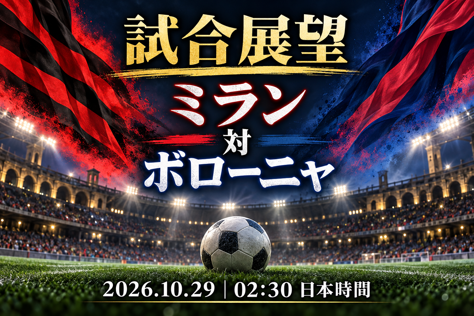 2026年10月29日午前2時30分（日本時間）のミラン対ボローニャを日本語で告知するオリジナルイラスト。架空の夜のサッカー場とボールを描いたもので、実際の会場・試合の写真ではありません。